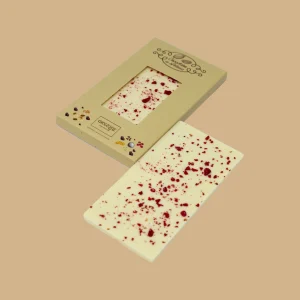 Tablete de Chocolate branco, framboesa e pimenta rosa